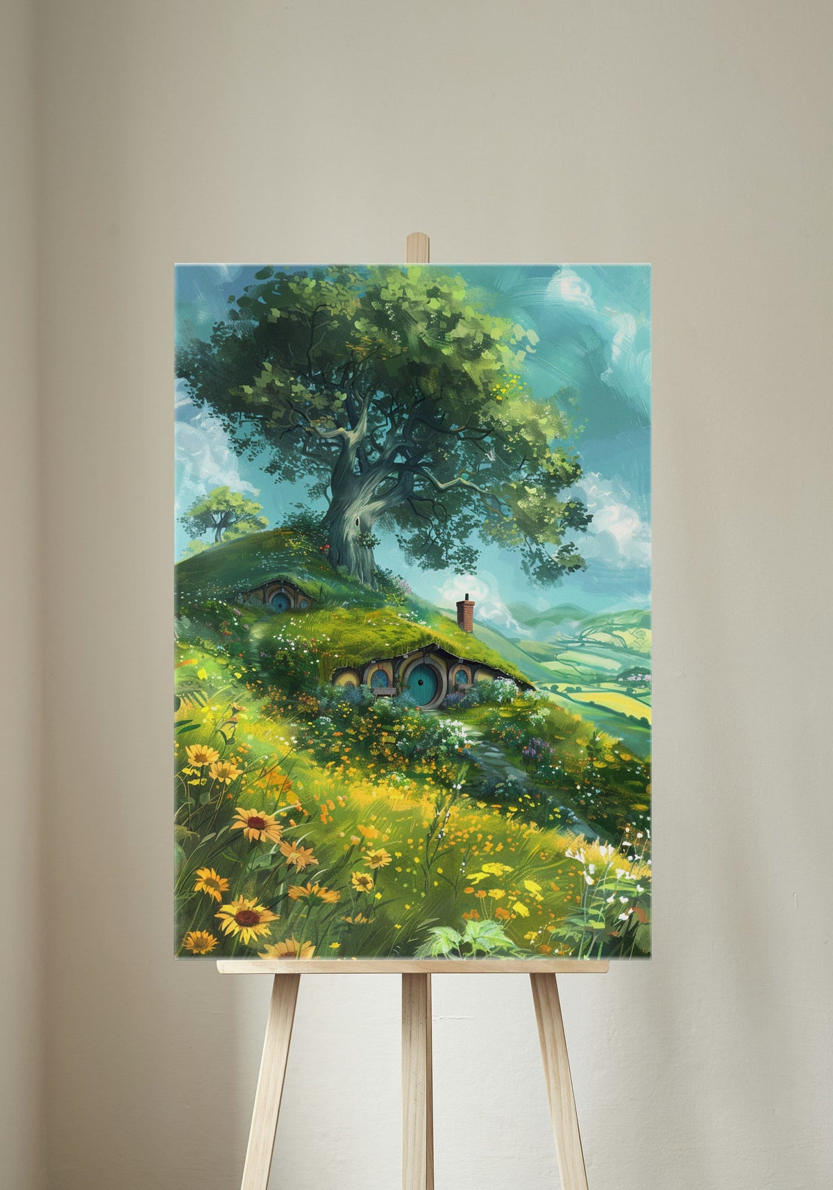 The Shire Oil Painting Stretched Canvas, Hobbitcore Wall Art, Hobbit Hole Hills Landscape, Fantasy House, Cozy Home Decor, Physical Print