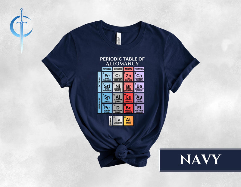 Periodic Table of Allomancy T shirt, Periodic Table of Elements Parody Design, Mistborn, Cosmere Gift, External and Internal Metals